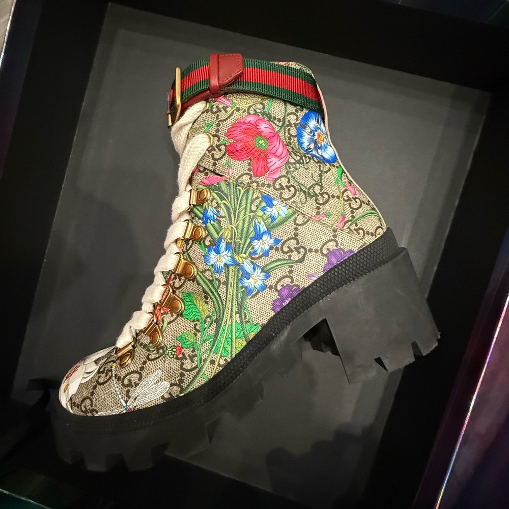 Gucci Floral Heeled Boots with Black Sole